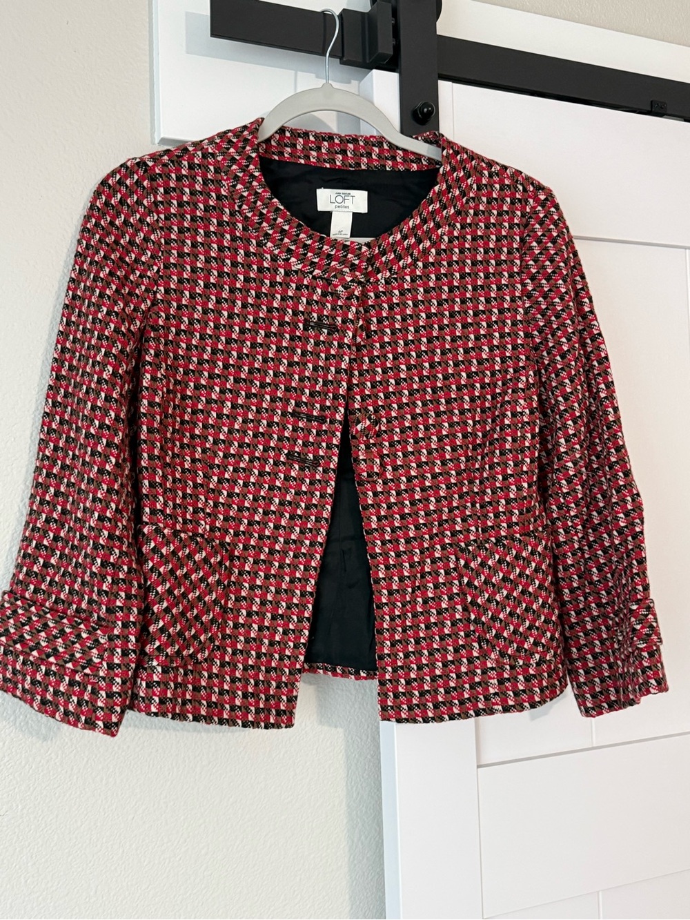 LOFT Red and Black Houndstooth Tweed Collarless Jacket # Vintage
